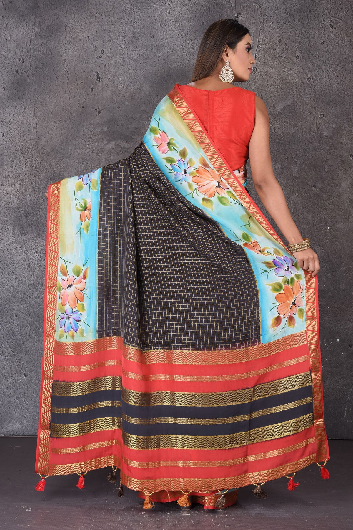 Buy beautiful black zari check Mysore silk saree online in USA with printed border and zari pallu. Enrich your ethnic wardrobe with traditional Indian sarees, designer sarees. embroidered sarees, pure silk sarees, handwoven sarees, Kanchipuram sarees, Banarasi saris from Pure Elegance Indian saree store in USA.-back