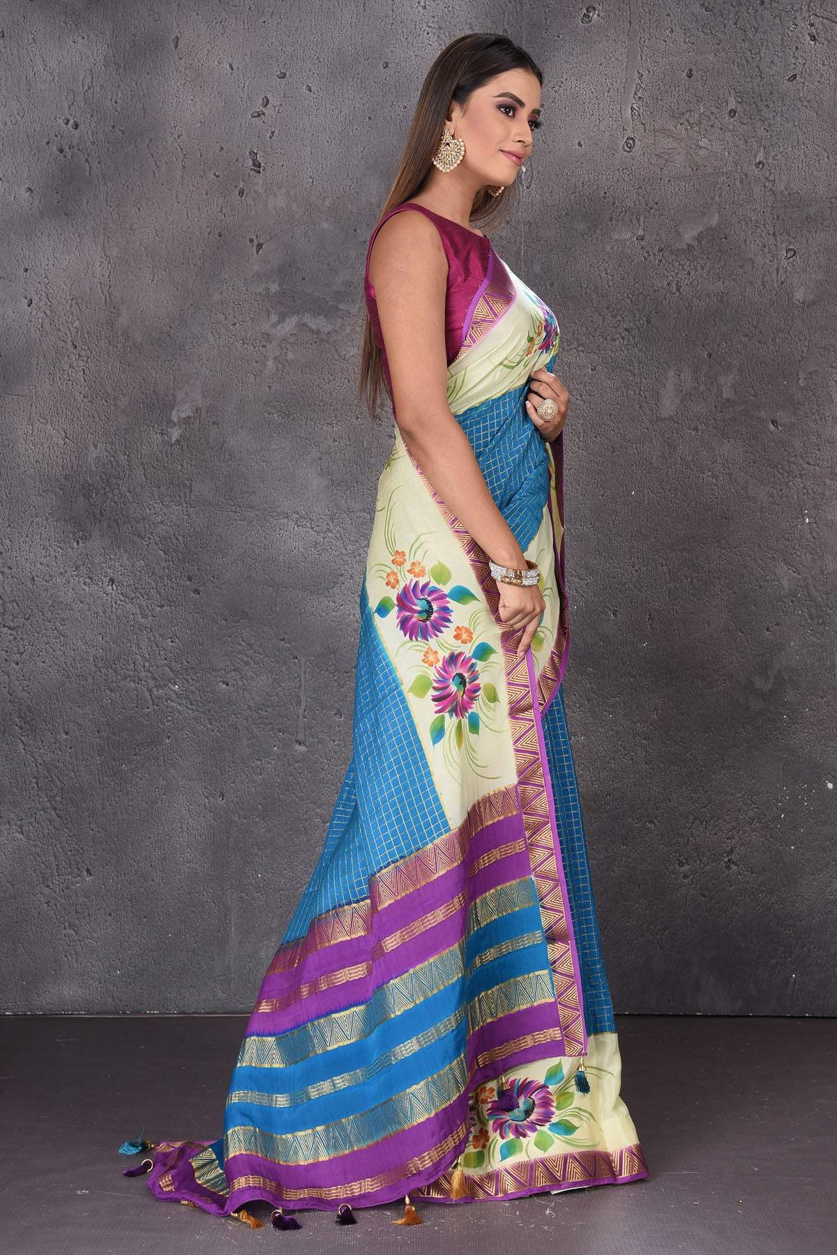 Shop stunning blue zari check Mysore silk saree online in USA with printed border and zari pallu. Enrich your ethnic wardrobe with traditional Indian sarees, designer sarees. embroidered sarees, pure silk sarees, handwoven sarees, Kanchipuram sarees, Banarasi saris from Pure Elegance Indian saree store in USA.-side