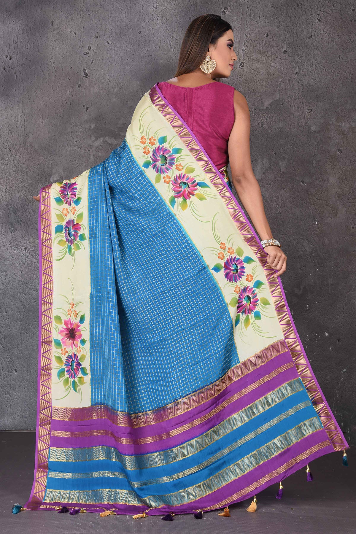 Shop stunning blue zari check Mysore silk saree online in USA with printed border and zari pallu. Enrich your ethnic wardrobe with traditional Indian sarees, designer sarees. embroidered sarees, pure silk sarees, handwoven sarees, Kanchipuram sarees, Banarasi saris from Pure Elegance Indian saree store in USA.-back