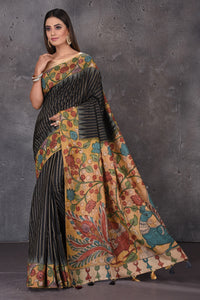 Buy stunning black striped Kalamkari print saree online in USA. Enrich your ethnic wardrobe with traditional Indian sarees, designer sarees. embroidered sarees, pure silk sarees, handwoven sarees, Kanchipuram sarees, Banarasi saris from Pure Elegance Indian saree store in USA.-full view