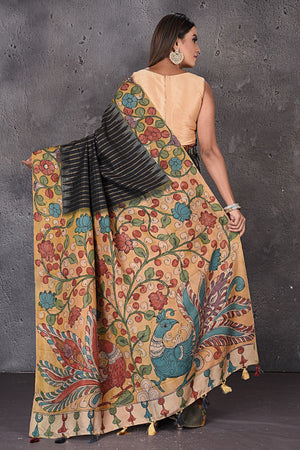 Buy stunning black striped Kalamkari print saree online in USA. Enrich your ethnic wardrobe with traditional Indian sarees, designer sarees. embroidered sarees, pure silk sarees, handwoven sarees, Kanchipuram sarees, Banarasi saris from Pure Elegance Indian saree store in USA.-back