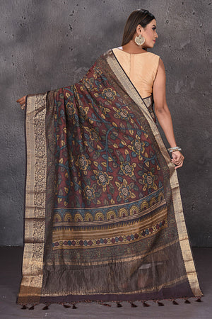 Buy maroon silk Kalamkari sari online in USA with zari border. Enrich your ethnic wardrobe with traditional Indian sarees, designer sarees. embroidered sarees, pure silk sarees, handwoven sarees, Kanchipuram sarees, Banarasi saris from Pure Elegance Indian saree store in USA.-back