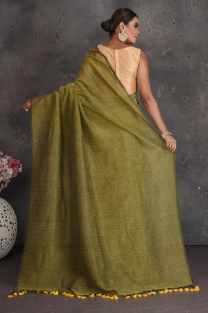 Buy stunning pista green zari stripes handloom cotton sari online in USA. Keep your ethnic wardrobe up to date with latest designer sarees, pure silk sarees, handwoven sarees, tussar silk sarees, embroidered sarees, organza saris from Pure Elegance Indian fashion store in USA.-back
