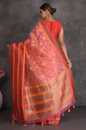 Shop beautiful pink fancy Kora saree online in USA with golden zari orange border. Keep your ethnic wardrobe up to date with latest designer sarees, pure silk sarees, handwoven sarees, tussar silk sarees, embroidered sarees, organza saris from Pure Elegance Indian fashion store in USA.-back