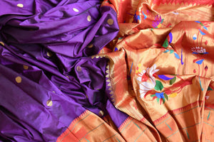 Buy stunning purple off-white handloom silk Paithani saree online in USA with red zari border. Flaunt your sartorial choices on special occasions in stunning designer sarees, embroidered sarees, handloom sarees, Banarasi sarees, crepe sarees from Pure Elegance Indian fashion store in USA.-details