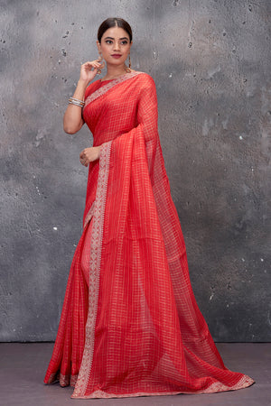 Shop beautiful red designer saree online in USA with embroidered border and saree blouse. Keep your ethnic wardrobe up to date with latest designer saris, pure silk sarees, handwoven sarees, tussar silk sarees, embroidered saris from Pure Elegance Indian saree store in USA.-pallu