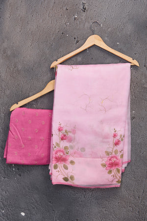Shop stunning powder pink hand painted organza saree online in USA. Keep your ethnic wardrobe up to date with latest designer saris, pure silk sarees, handwoven sarees, tussar silk sarees, embroidered saris from Pure Elegance Indian saree store in USA.-blouse