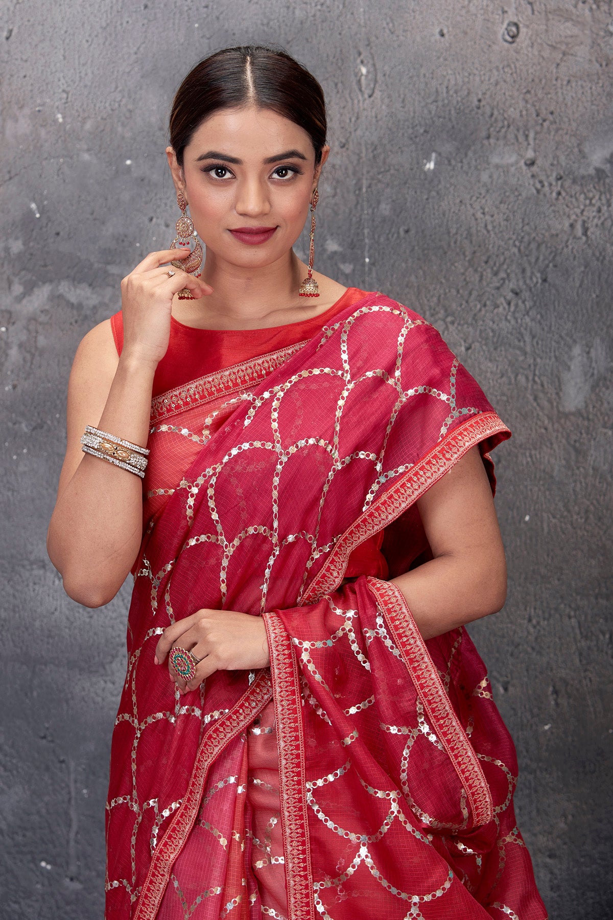 Shop stunning red foil print Kota sari online in USA. Keep your ethnic wardrobe up to date with latest designer saris, pure silk sarees, handwoven sarees, tussar silk sarees, embroidered saris from Pure Elegance Indian saree store in USA.-closeup
