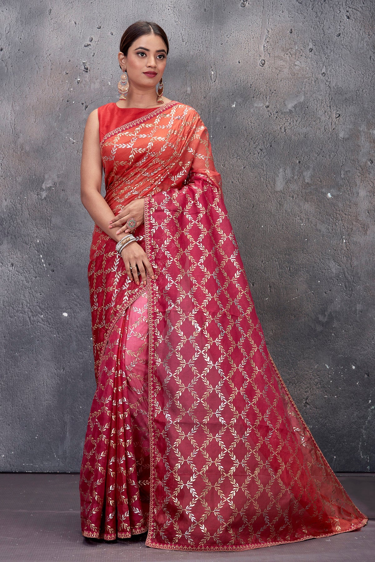 Shop stunning ombre pink foil stamp Kota saree online in USA. Keep your ethnic wardrobe up to date with latest designer saris, pure silk sarees, handwoven sarees, tussar silk sarees, embroidered saris from Pure Elegance Indian saree store in USA.-full view