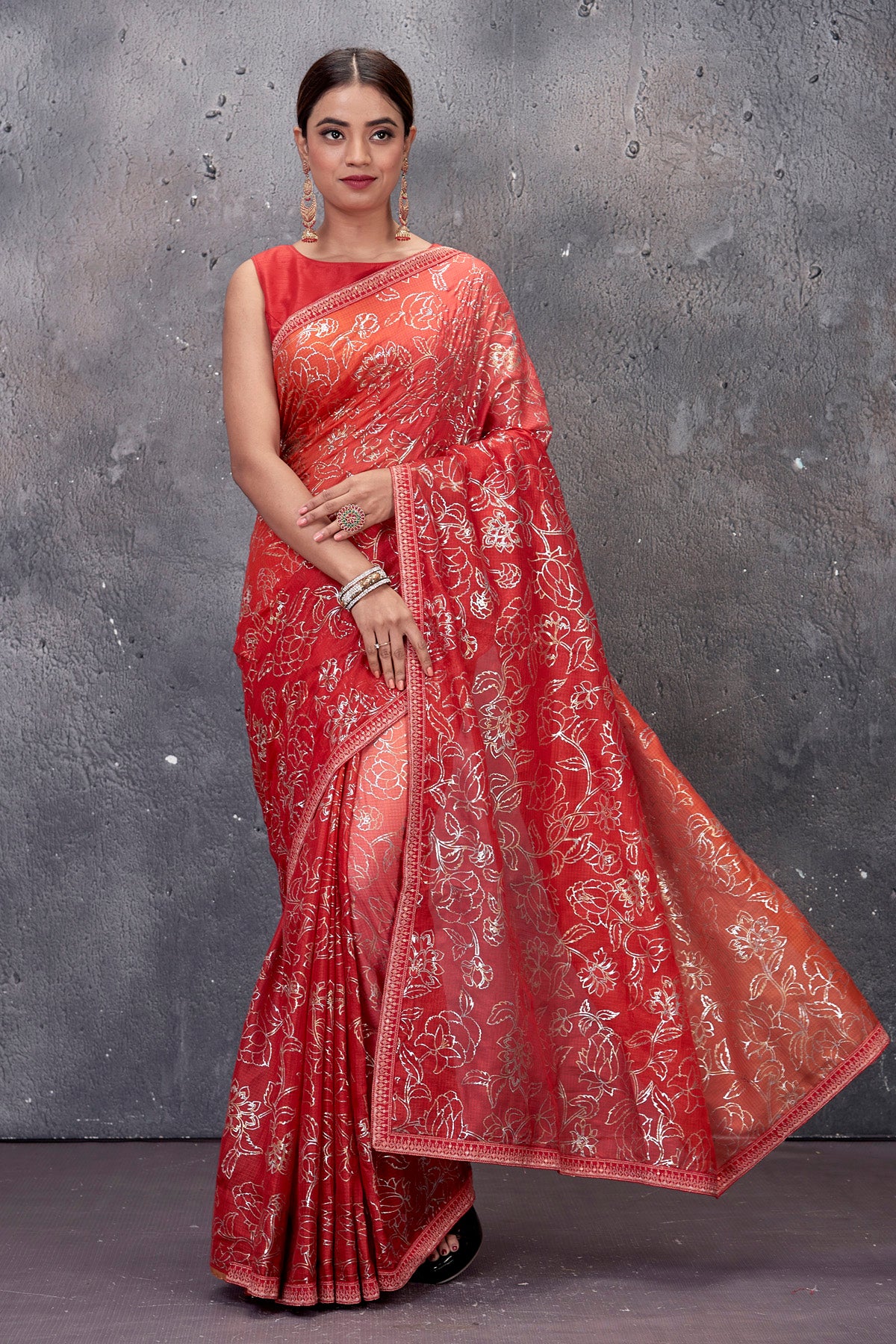 Buy stunning red and peach foil print Kota saree online in USA. Keep your ethnic wardrobe up to date with latest designer saris, pure silk sarees, handwoven sarees, tussar silk sarees, embroidered saris from Pure Elegance Indian saree store in USA.-full view