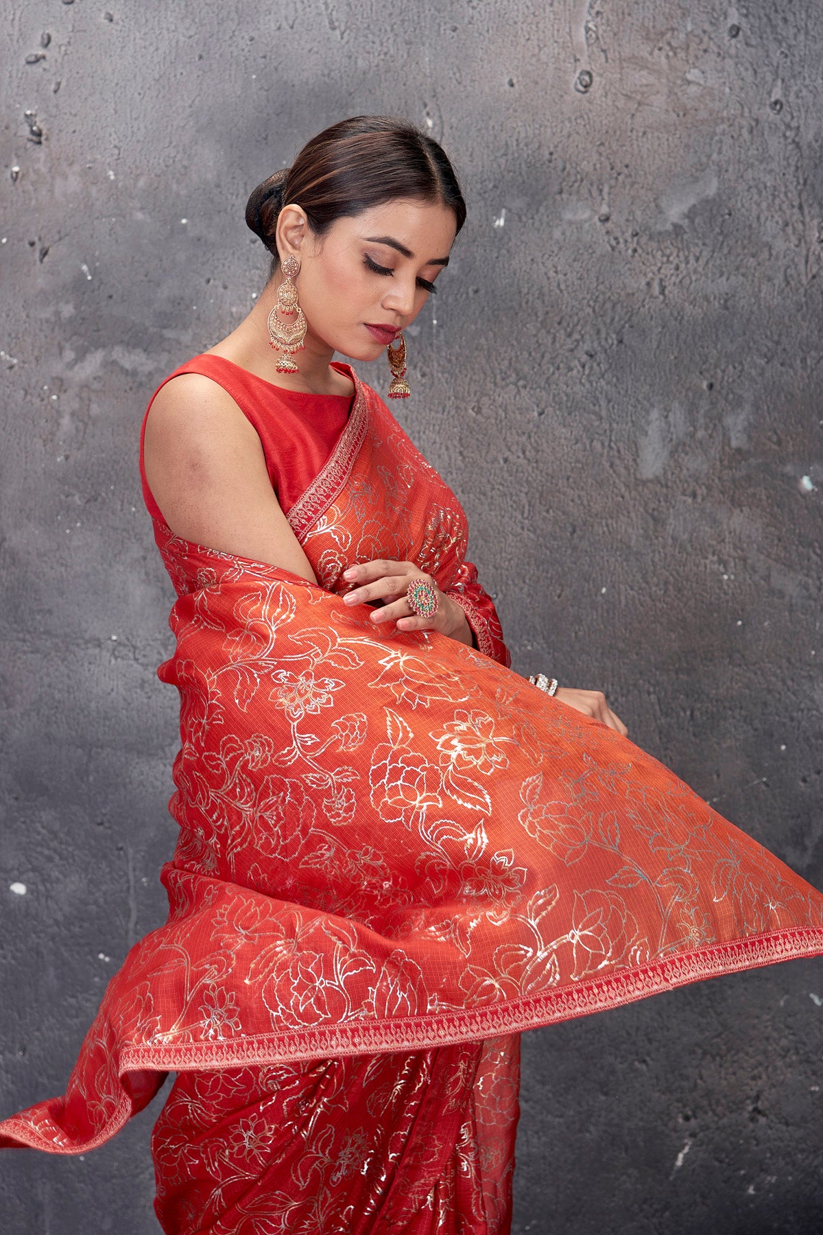 Buy stunning red and peach foil print Kota saree online in USA. Keep your ethnic wardrobe up to date with latest designer saris, pure silk sarees, handwoven sarees, tussar silk sarees, embroidered saris from Pure Elegance Indian saree store in USA.-closeup