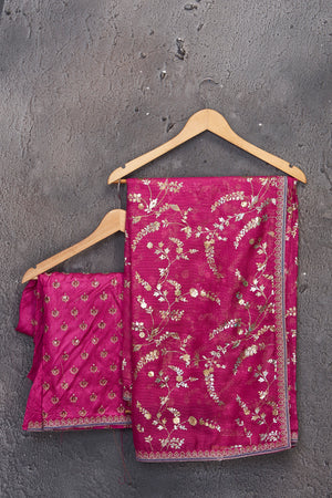 Shop stunning ombre pink foil print Kota saree online in USA. Keep your ethnic wardrobe up to date with latest designer saris, pure silk sarees, handwoven sarees, tussar silk sarees, embroidered saris from Pure Elegance Indian saree store in USA.-blouse