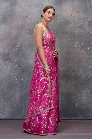 Shop stunning ombre pink foil print Kota saree online in USA. Keep your ethnic wardrobe up to date with latest designer saris, pure silk sarees, handwoven sarees, tussar silk sarees, embroidered saris from Pure Elegance Indian saree store in USA.-side
