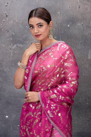 Shop stunning ombre pink foil print Kota saree online in USA. Keep your ethnic wardrobe up to date with latest designer saris, pure silk sarees, handwoven sarees, tussar silk sarees, embroidered saris from Pure Elegance Indian saree store in USA.-closeup