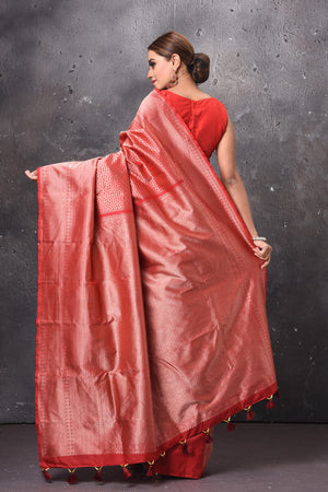 Shop beautiful red zari work Kuppadam saree online in USA. Keep your ethnic wardrobe up to date with latest designer sarees, pure silk sarees, handwoven sarees, tussar silk sarees, embroidered sarees, chiffon saris from Pure Elegance Indian saree store in USA.-back