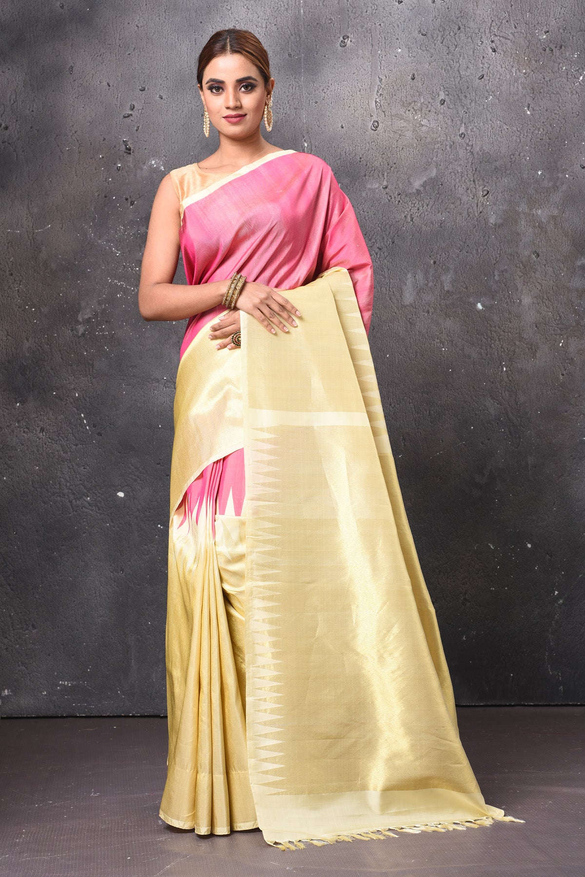 Shop stunning pink and yellow temple design Kanjeevaram silk saree online in USA. Look elegant on festive occasions in beautiful designer sarees, pure silk sarees, Kanchipuram silk sarees, handloom sarees from Pure Elegance Indian fashion store in USA.-full view