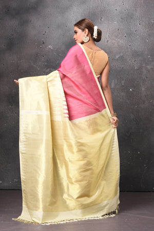Shop stunning pink and yellow temple design Kanjeevaram silk saree online in USA. Look elegant on festive occasions in beautiful designer sarees, pure silk sarees, Kanchipuram silk sarees, handloom sarees from Pure Elegance Indian fashion store in USA.-back