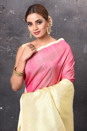 Shop stunning pink and yellow temple design Kanjeevaram silk saree online in USA. Look elegant on festive occasions in beautiful designer sarees, pure silk sarees, Kanchipuram silk sarees, handloom sarees from Pure Elegance Indian fashion store in USA.-closeup