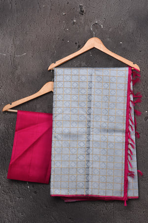 Buy stunning powder blue Kanjeevaram silk sari online in USA with pink zari pallu. Look elegant on festive occasions in beautiful designer sarees, pure silk sarees, Kanchipuram silk sarees, handloom sarees from Pure Elegance Indian fashion store in USA.-blouse