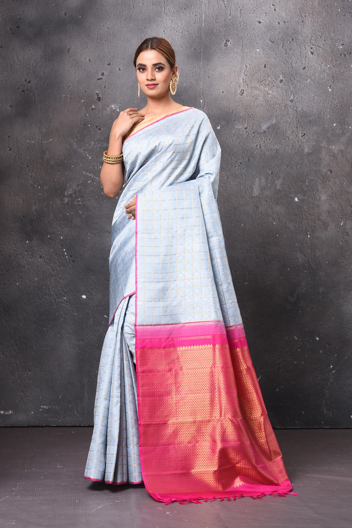 Buy stunning powder blue Kanjeevaram silk sari online in USA with pink zari pallu. Look elegant on festive occasions in beautiful designer sarees, pure silk sarees, Kanchipuram silk sarees, handloom sarees from Pure Elegance Indian fashion store in USA.-full view