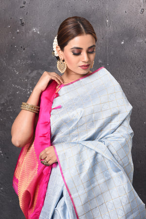 Buy stunning powder blue Kanjeevaram silk sari online in USA with pink zari pallu. Look elegant on festive occasions in beautiful designer sarees, pure silk sarees, Kanchipuram silk sarees, handloom sarees from Pure Elegance Indian fashion store in USA.-closeup