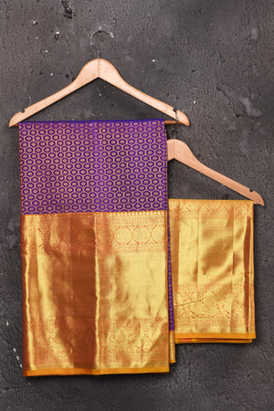 Shop stunning purple zari work Kanjeevaram silk saree online in USA with yellow zari border. Look elegant on festive occasions in beautiful designer sarees, pure silk sarees, Kanchipuram silk sarees, handloom sarees from Pure Elegance Indian fashion store in USA.-blouse