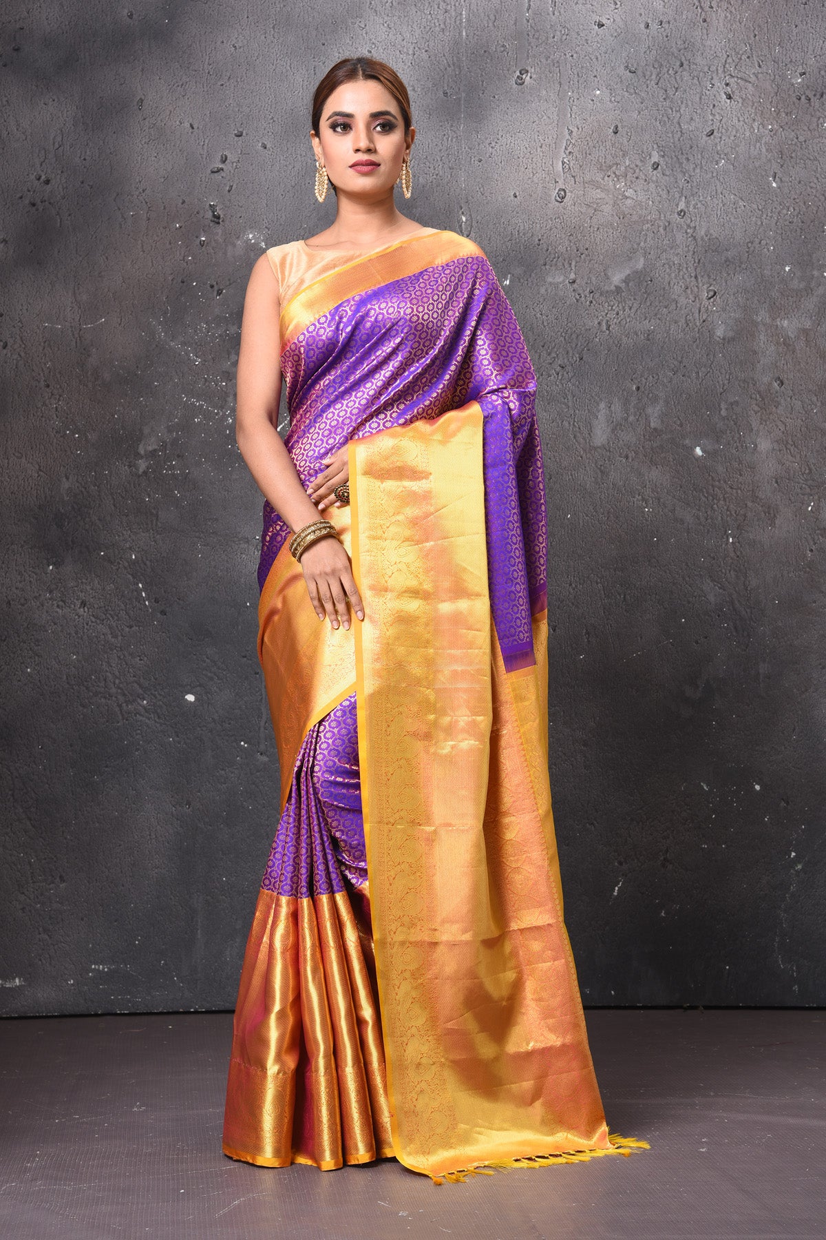 Shop stunning purple zari work Kanjeevaram silk saree online in USA with yellow zari border. Look elegant on festive occasions in beautiful designer sarees, pure silk sarees, Kanchipuram silk sarees, handloom sarees from Pure Elegance Indian fashion store in USA.-full view