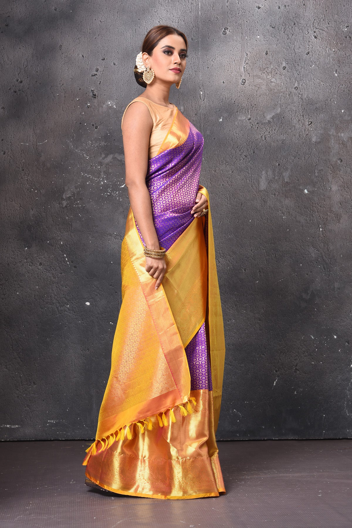 Shop stunning purple zari work Kanjeevaram silk saree online in USA with yellow zari border. Look elegant on festive occasions in beautiful designer sarees, pure silk sarees, Kanchipuram silk sarees, handloom sarees from Pure Elegance Indian fashion store in USA.-side