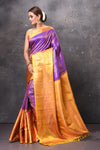 Buy beautiful purple Kanjeevaram silk saree online in USA with yellow zari border. Look elegant on festive occasions in beautiful designer sarees, pure silk sarees, Kanchipuram silk sarees, handloom sarees from Pure Elegance Indian fashion store in USA.-full view