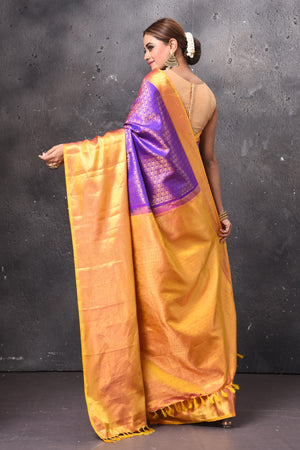 Buy beautiful purple Kanjeevaram silk saree online in USA with yellow zari border. Look elegant on festive occasions in beautiful designer sarees, pure silk sarees, Kanchipuram silk sarees, handloom sarees from Pure Elegance Indian fashion store in USA.-back