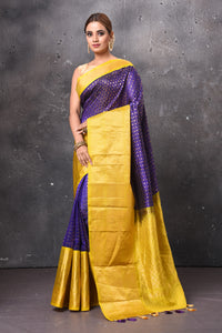 Buy stunning purple zari work Kanjeevaram silk sari online in USA with yellow zari border. Look elegant on festive occasions in beautiful designer sarees, pure silk sarees, Kanchipuram silk sarees, handloom sarees from Pure Elegance Indian fashion store in USA.-full view