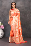 Buy stunning orange fancy georgette saree online in USA with zari work. Keep your ethnic wardrobe updated with latest designer sarees, pure silk sarees, handwoven sarees, tussar silk sarees, embroidered sarees from Pure Elegance Indian saree store in USA.-full view