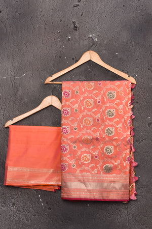 Buy gorgeous peach Katan silk saree online in USA with zari minakari work. Keep your ethnic wardrobe up to date with latest designer sarees, pure silk sarees, handwoven sarees, tussar silk sarees, embroidered sarees, chiffon saris from Pure Elegance Indian saree store in USA.-blouse