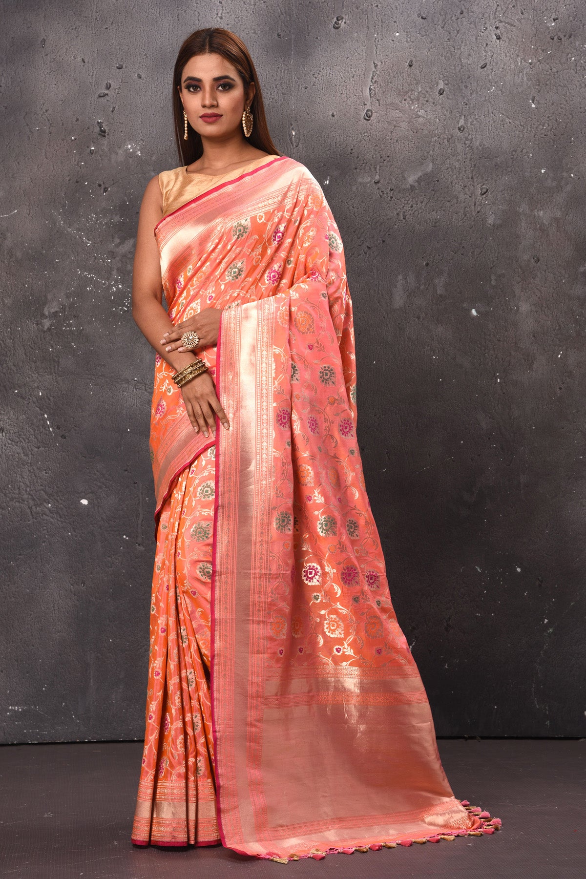 Buy gorgeous peach Katan silk saree online in USA with zari minakari work. Keep your ethnic wardrobe up to date with latest designer sarees, pure silk sarees, handwoven sarees, tussar silk sarees, embroidered sarees, chiffon saris from Pure Elegance Indian saree store in USA.-full view