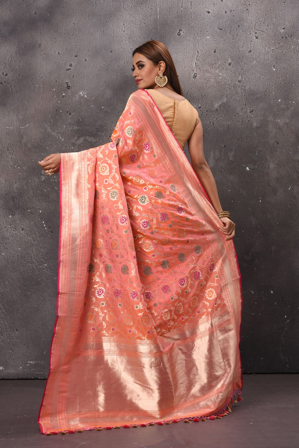 Buy gorgeous peach Katan silk saree online in USA with zari minakari work. Keep your ethnic wardrobe up to date with latest designer sarees, pure silk sarees, handwoven sarees, tussar silk sarees, embroidered sarees, chiffon saris from Pure Elegance Indian saree store in USA.-back