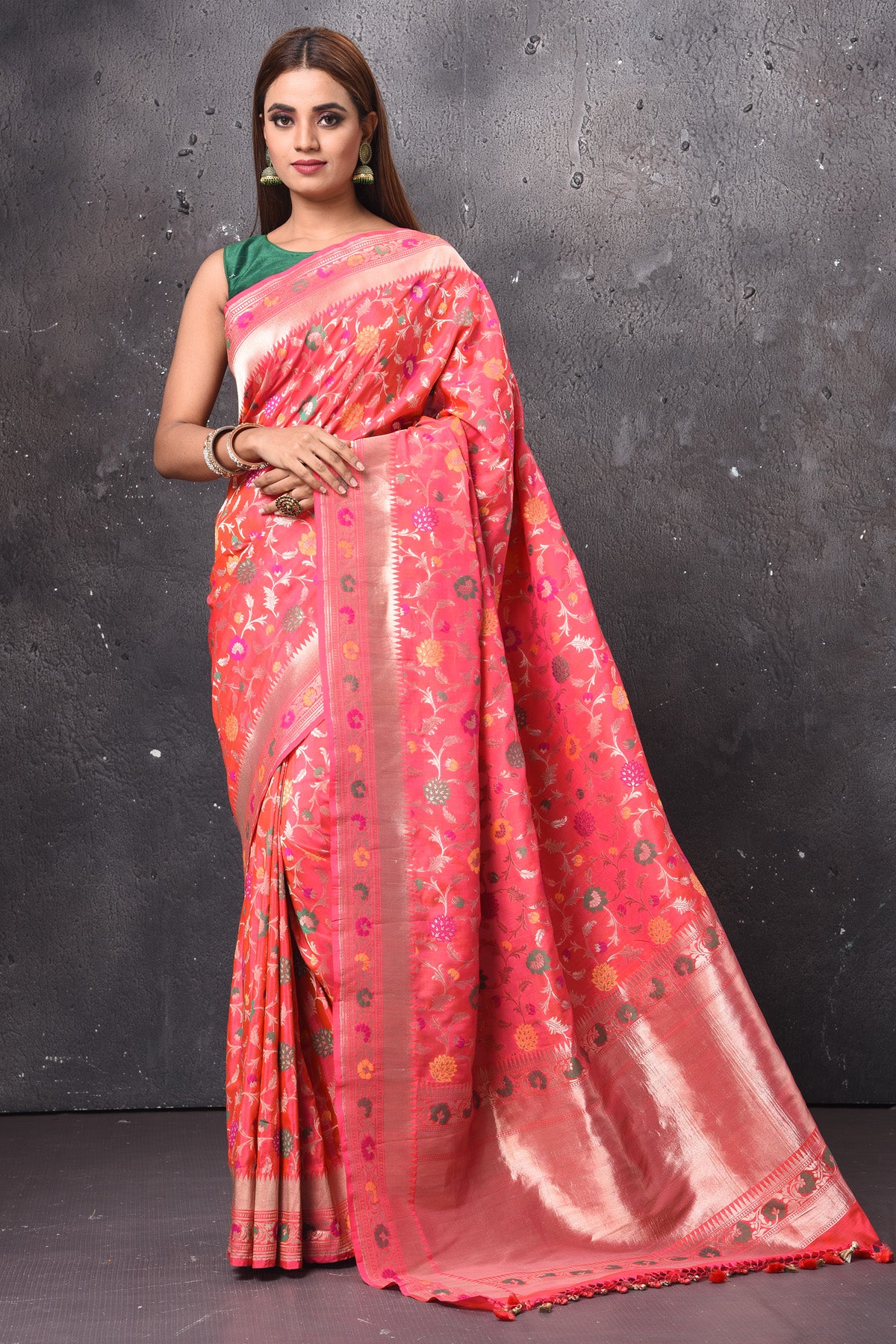 Shop stunning pink Katan silk saree online in USA with zari minakari work. Keep your ethnic wardrobe up to date with latest designer sarees, pure silk sarees, handwoven sarees, tussar silk sarees, embroidered sarees, chiffon saris from Pure Elegance Indian saree store in USA.-full view