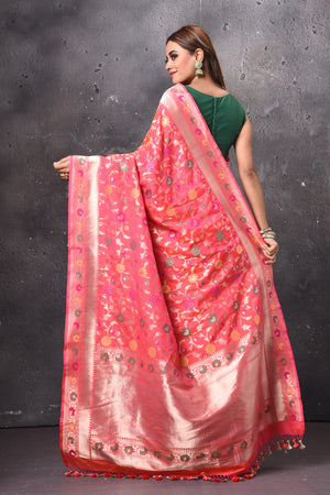 Shop stunning pink Katan silk saree online in USA with zari minakari work. Keep your ethnic wardrobe up to date with latest designer sarees, pure silk sarees, handwoven sarees, tussar silk sarees, embroidered sarees, chiffon saris from Pure Elegance Indian saree store in USA.-back