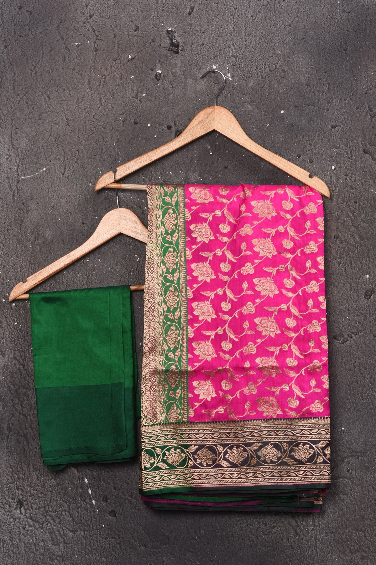 Shop gorgeous bright pink Katan silk saree online in USA with green zari border and pallu. Keep your ethnic wardrobe up to date with latest designer sarees, pure silk sarees, handwoven sarees, tussar silk sarees, embroidered sarees, chiffon saris from Pure Elegance Indian saree store in USA.-blouse