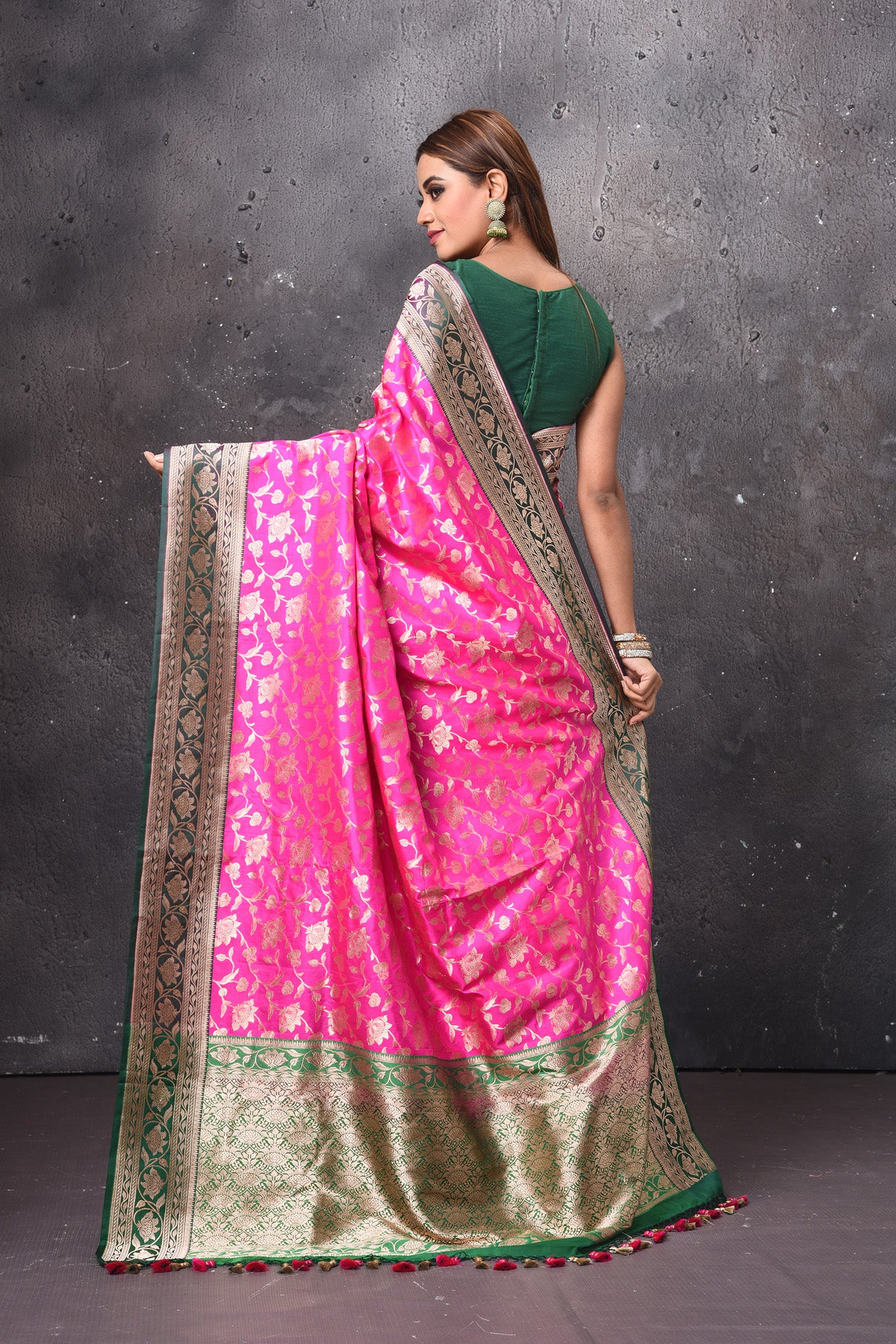 Shop gorgeous bright pink Katan silk saree online in USA with green zari border and pallu. Keep your ethnic wardrobe up to date with latest designer sarees, pure silk sarees, handwoven sarees, tussar silk sarees, embroidered sarees, chiffon saris from Pure Elegance Indian saree store in USA.-back