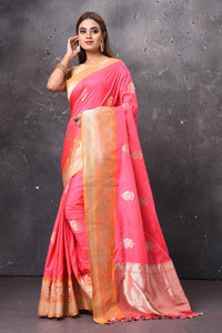 Buy stunning pink Katan silk saree online in USA with zari border and pallu. Keep your ethnic wardrobe up to date with latest designer sarees, pure silk sarees, handwoven sarees, tussar silk sarees, embroidered sarees, chiffon saris from Pure Elegance Indian saree store in USA.-full view