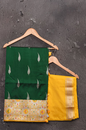 Buy beautiful dark green Katan silk sari online in USA with zari minakari yellow border. Keep your ethnic wardrobe up to date with latest designer sarees, pure silk sarees, handwoven sarees, tussar silk sarees, embroidered saris, chiffon saris from Pure Elegance Indian saree store in USA.-blouse