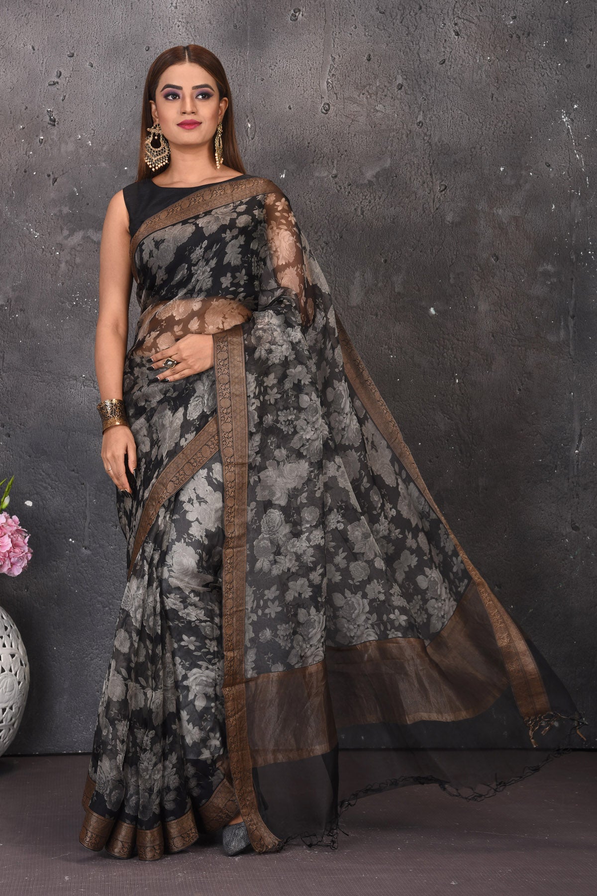 Shop beautiful black and white printed floral saree online in USA with zari border. Keep your ethnic wardrobe up to date with latest designer sarees, pure silk sarees, handwoven sarees, tussar silk sares, embroidered sarees from Pure Elegance Indian saree store in USA.-full view
