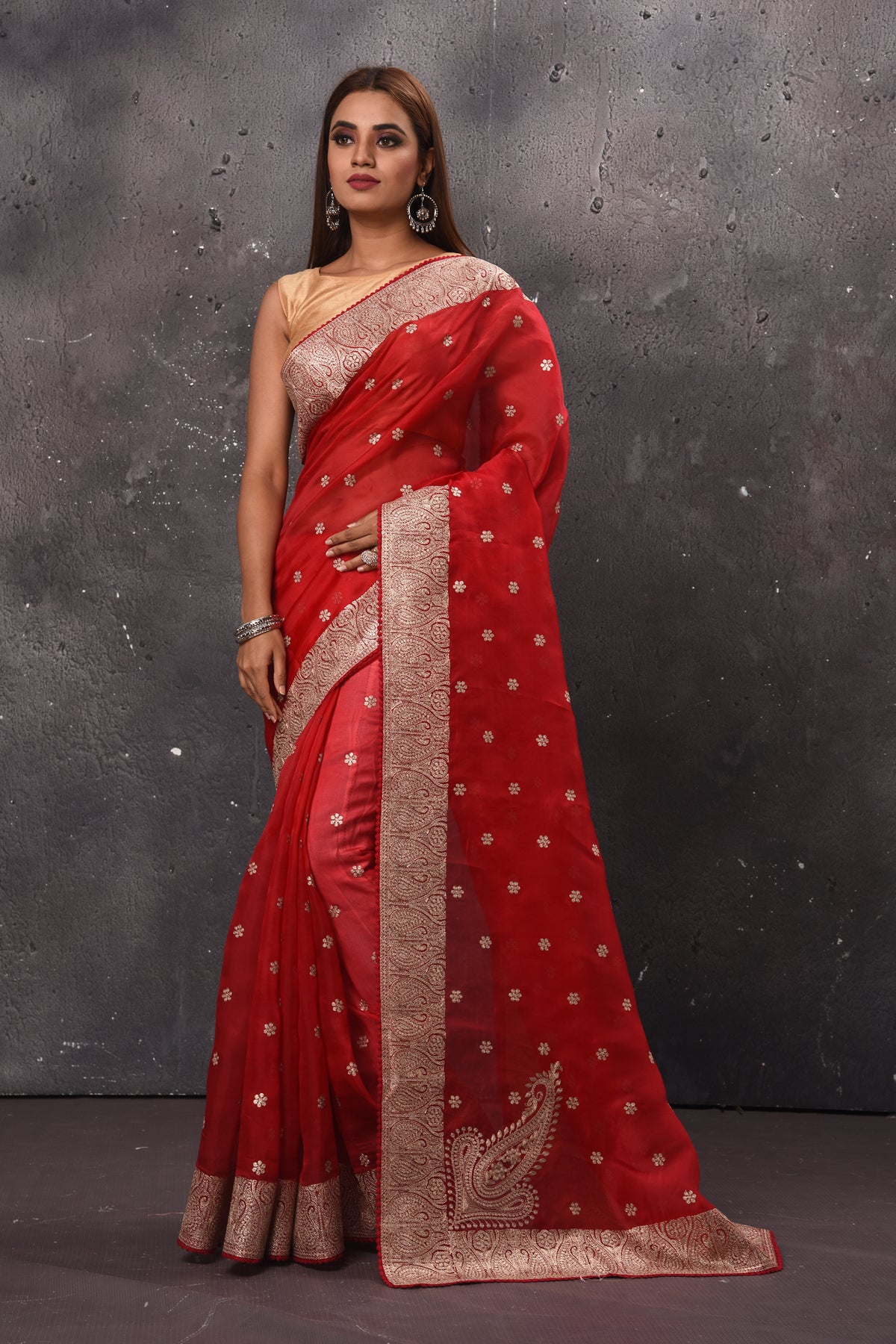 Shop stunning red embroidered organza saree online in USA. Enrich your ethnic wardrobe with traditional Indian sarees, designer sarees. embroidered sarees, pure silk sarees, handwoven sarees, Kanchipuram sarees, Banarasi saris from Pure Elegance Indian saree store in USA.-full view