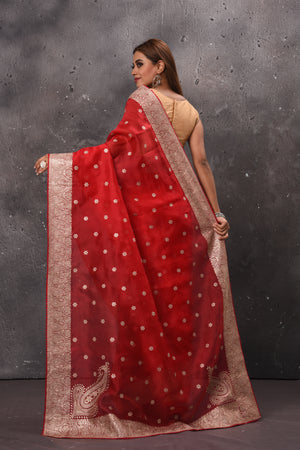 Shop stunning red embroidered organza saree online in USA. Enrich your ethnic wardrobe with traditional Indian sarees, designer sarees. embroidered sarees, pure silk sarees, handwoven sarees, Kanchipuram sarees, Banarasi saris from Pure Elegance Indian saree store in USA.-back