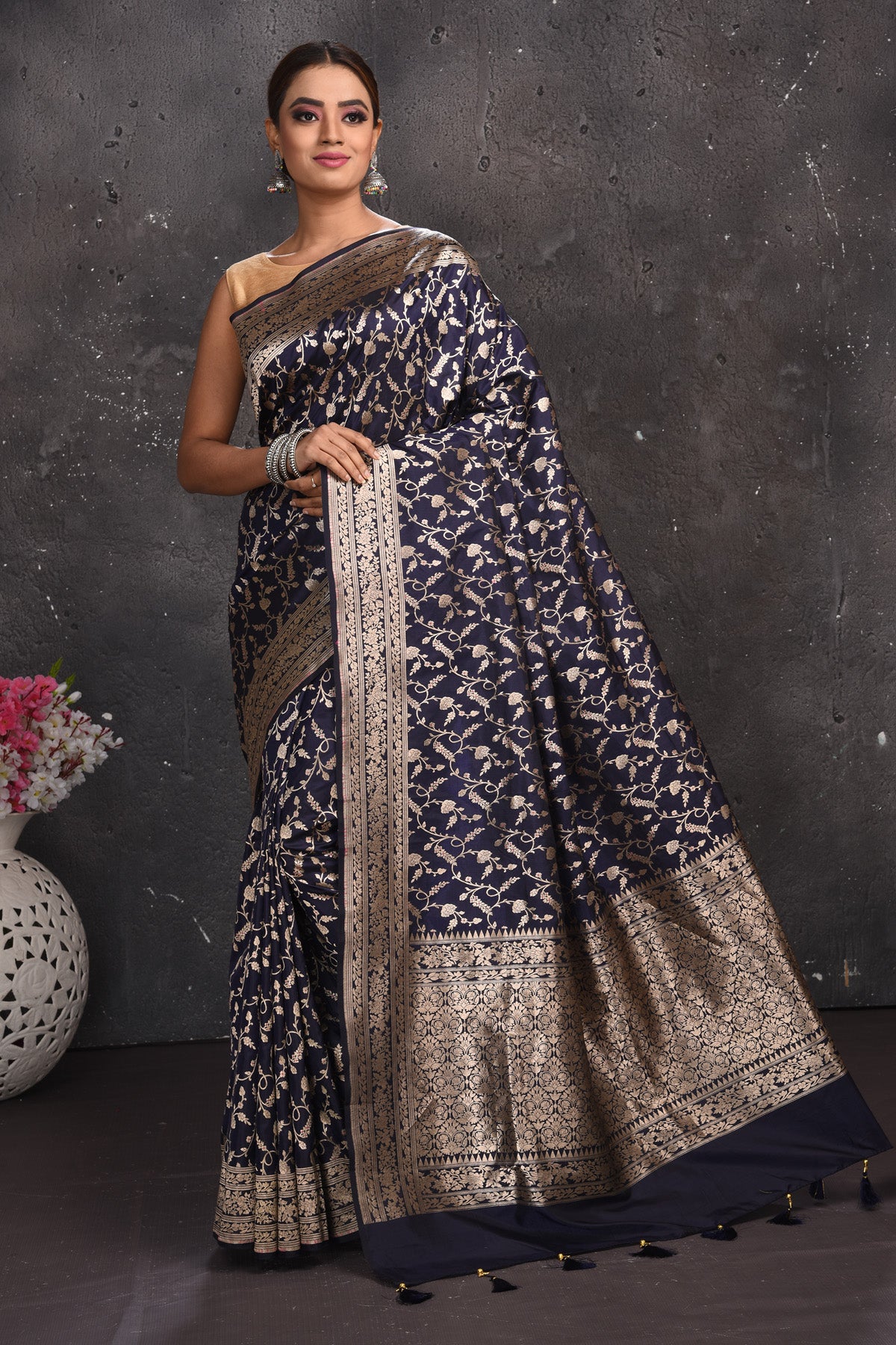 Buy beautiful navy blue heavy Banarasi silk sari online in USA with silver zari work. Keep your ethnic wardrobe up to date with latest designer sarees, pure silk sarees, Kanchipuram silk sarees, handwoven sarees, tussar silk sarees, embroidered sarees from Pure Elegance Indian saree store in USA.-full view