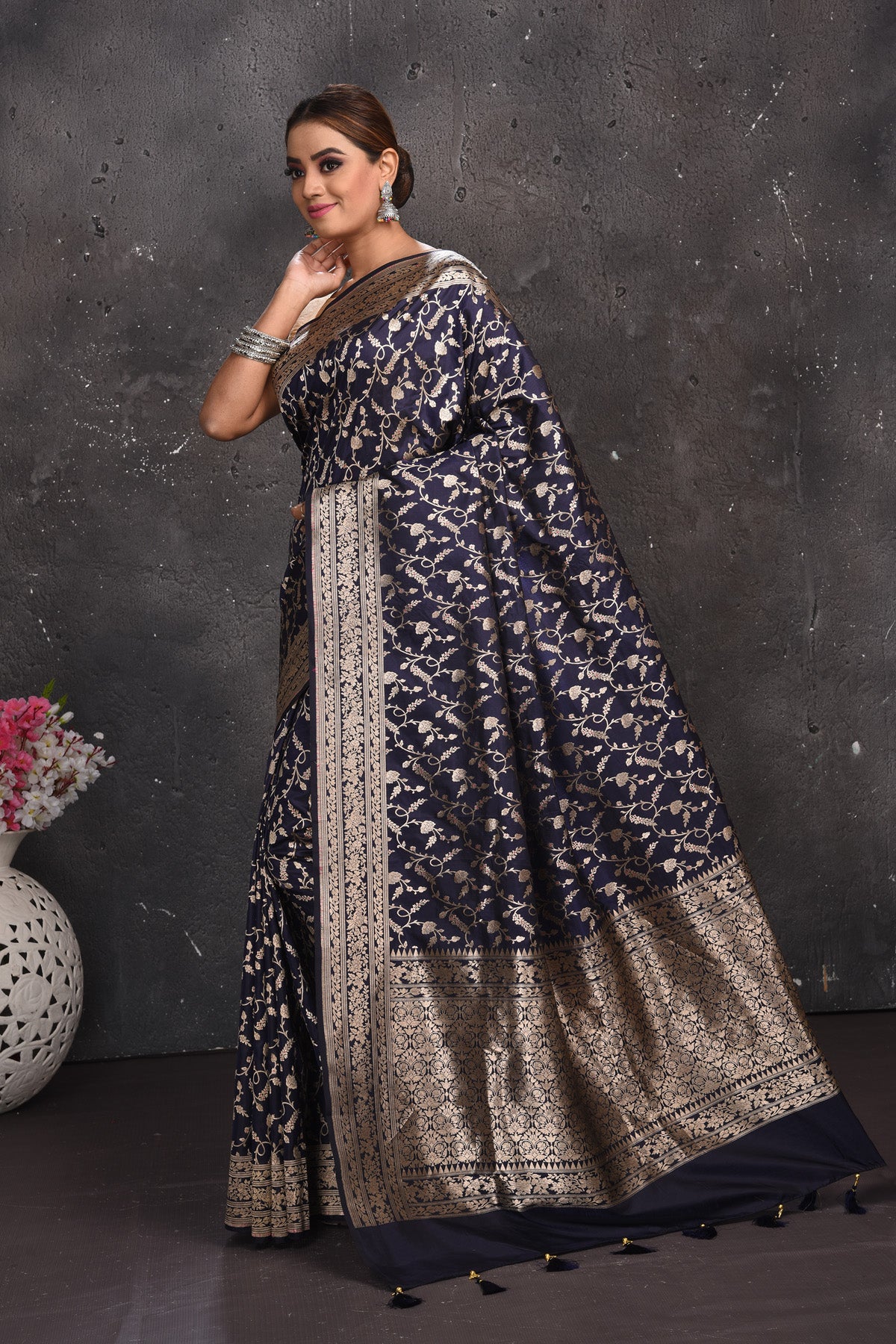 Buy HOUSE OF BEGUM Katan Silk Royal Blue With Silver Zari Work with Blouse  Piece | Shoppers Stop