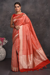 Shop stunning red Banarasi silk saree online in USA with zari border. Keep your ethnic wardrobe up to date with latest designer sarees, pure silk sarees, handwoven sarees, tussar silk sarees, embroidered sarees from Pure Elegance Indian saree store in USA.-full view