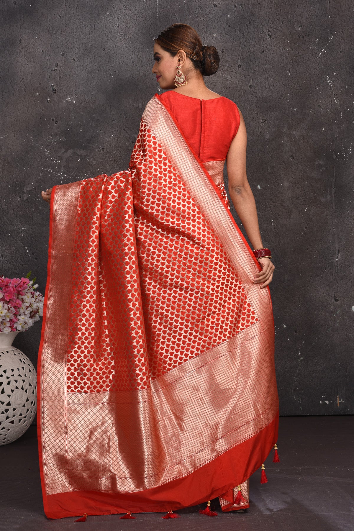 Shop stunning red Banarasi silk saree online in USA with zari border. Keep your ethnic wardrobe up to date with latest designer sarees, pure silk sarees, handwoven sarees, tussar silk sarees, embroidered sarees from Pure Elegance Indian saree store in USA.-back