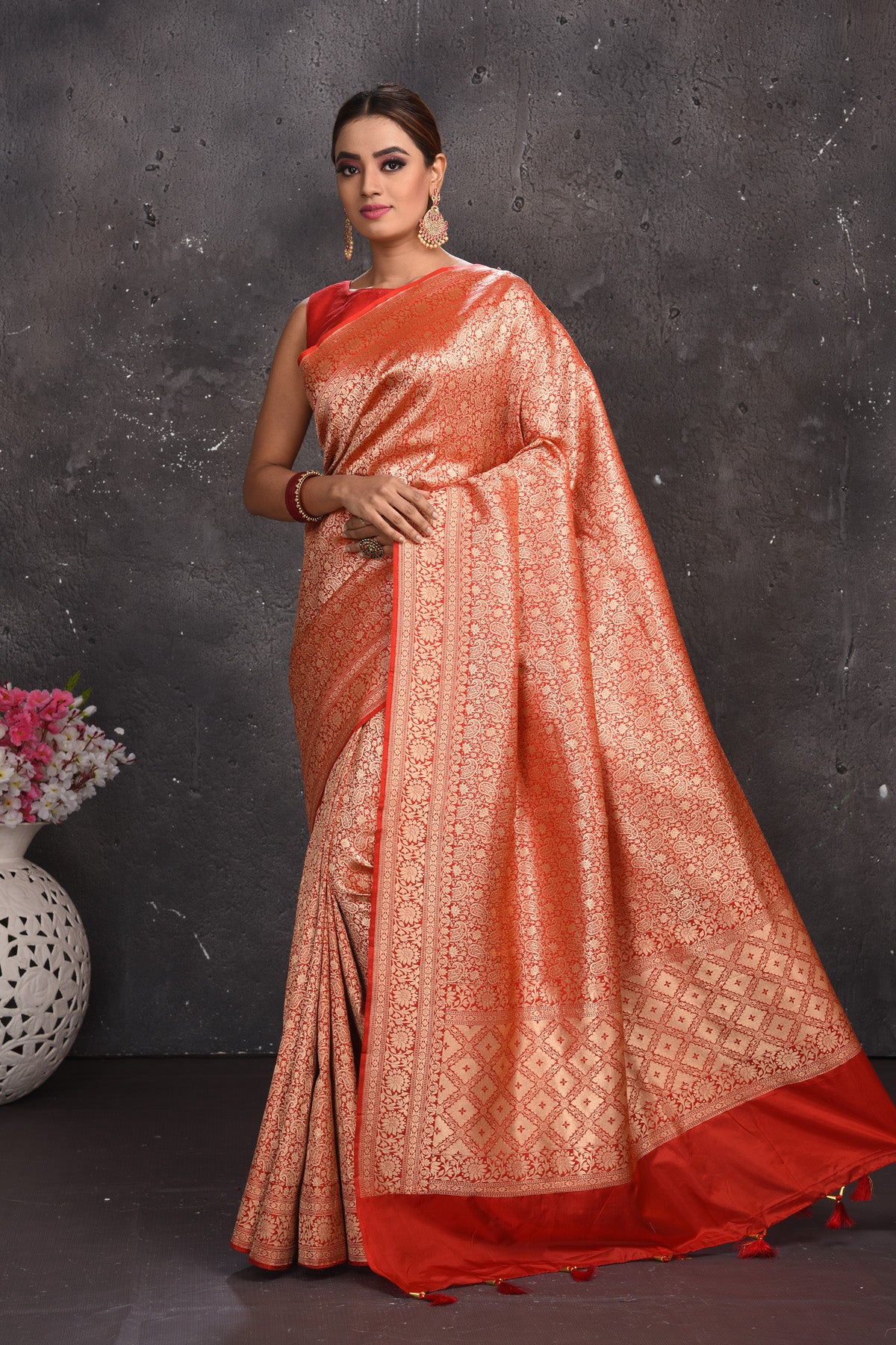 Buy stunning red heavy Banarasi silk saree online in USA. Keep your ethnic wardrobe up to date with latest designer sarees, pure silk sarees, handwoven sarees, tussar silk sarees, embroidered sarees from Pure Elegance Indian saree store in USA.-full view