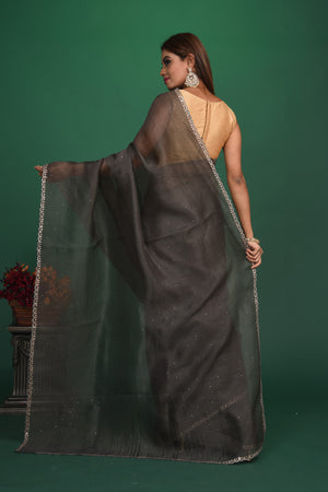 Buy stunning dark grey organza sari online in USA with heavy embroidery blouse. Keep your ethnic wardrobe up to date with latest designer sarees, pure silk sarees, handwoven sarees, tussar silk sarees, embroidered sarees, organza saris from Pure Elegance Indian saree store in USA.-back